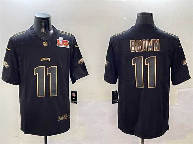 Mens Philadelphia Eagles #11 A. J. Brown Black Gold 2025 Super Bowl LIX Patch Vapor Untouchable Limited Stitched Jersey